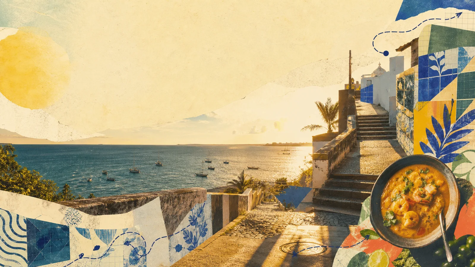 Colagem fictícia de percurso costeiro, mar, barcos e gastronomia